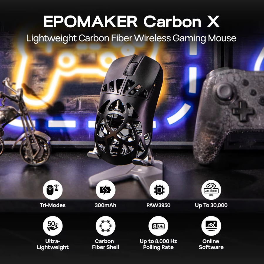 EPOMAKER Carbon X Gaming-Maus mit Kohlefasergehäuse, kabellos via Bluetooth oder 2,4 GHz, ultraleicht, Schwarz - Bild 2