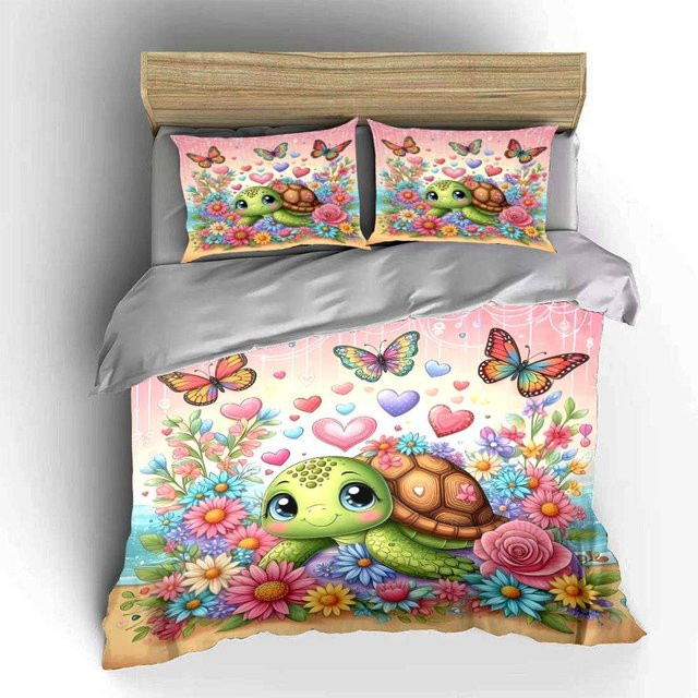 Grosstor 3-teiliges Bettwäsche-Set mit Schildkröten- und Blumen-Design, Mehrfarbig, Material Mikrofaser Polyester, B/H: 135 x 200 cm - Bild 1