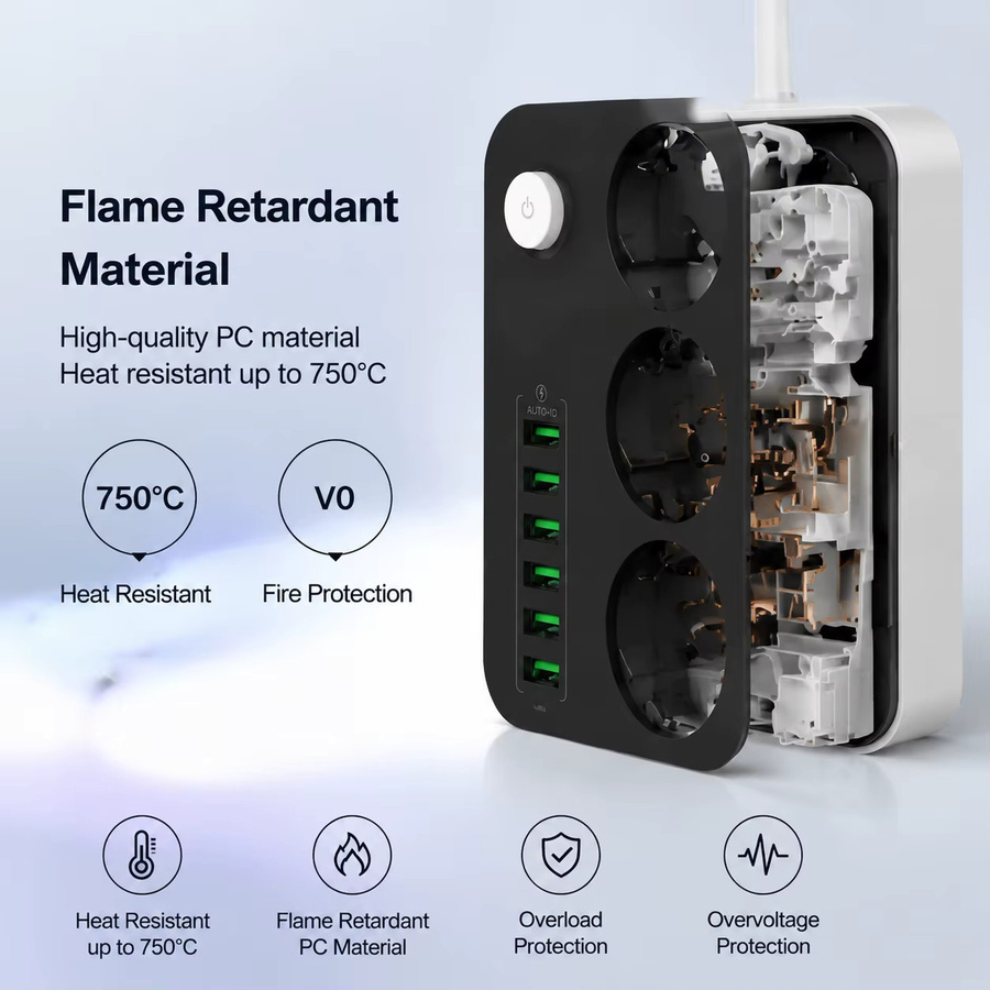EU-Steckdosenleiste mit 3 Steckdosen und 6 USB-Anschlüssen inklusive USB-C, 2500W Verlängerungskabel mit 2m Länge und Überspannungsschutz für Zuhause und Büro - Bild 2