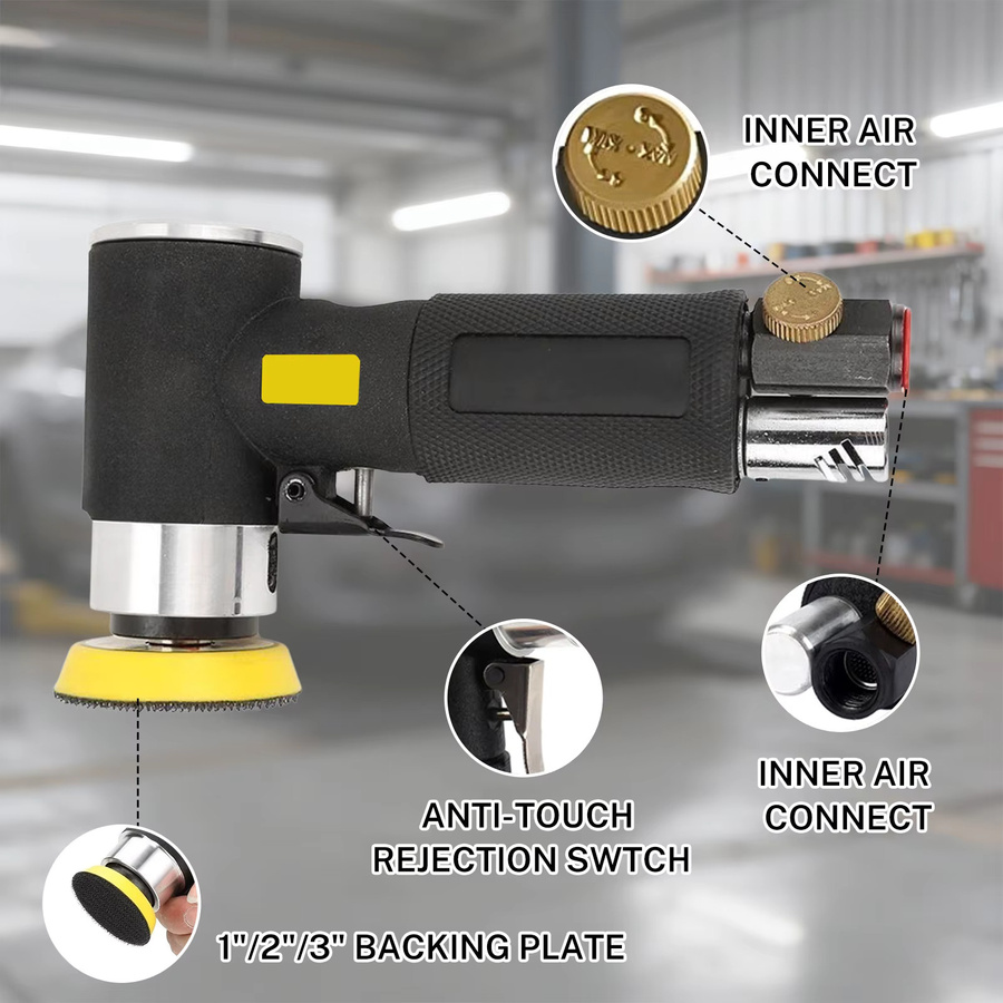 Betuyoo Mini-Exzenterschleifer Druckluft-Poliermaschine aus Aluminiumlegierung in Schwarz, 15000 U/min, pneumatisches Schleifwerkzeug mit Schleif- und Polierset - Bild 6