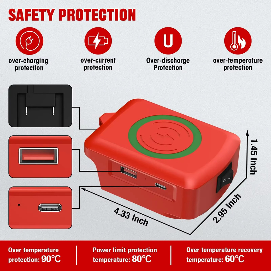 Milwaukee Akku-Adapter für 18V Akkus mit USB-A und USB-C Ausgang in Rot - Bild 2