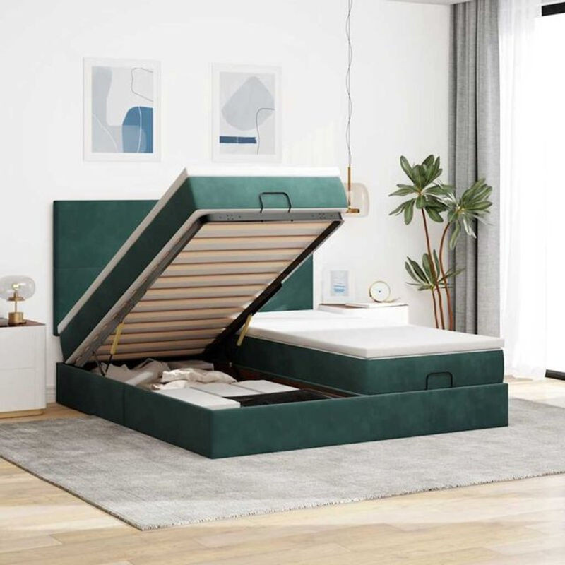 Vidaxl Ottoman Polsterbett mit Matratze und LED in Dunkelgrün aus Samt, B/T/H: 160 x 200 x 128 cm - Bild 1