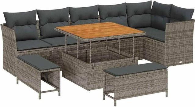 vidaXL Garten-Sofa-Set 9-teilig in Grau mit Kissen und integriertem Stauraum für Terrasse und Garten - Bild 1