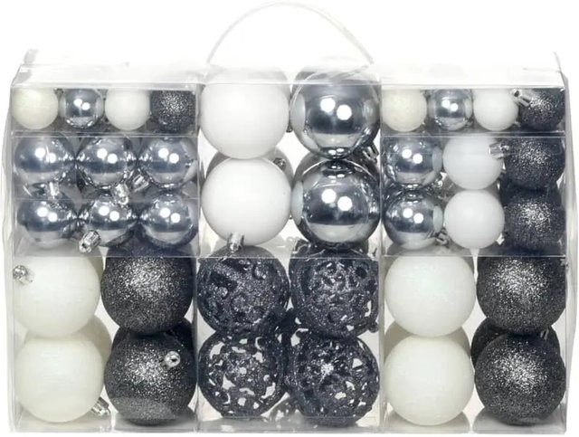 vidaXL 100-teiliges Weihnachtskugel-Set in Weiß und Grau, runde Kunststoff-Christbaumkugeln in den Größen 3 cm, 4 cm und 6 cm - Bild 1