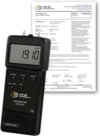 PCE Instruments PCE-910-ICA Manometer mit ISO-Kalibrierzertifikat, Messbereich ±2000 mbar, Genauigkeit ±2%, Messfolge 0,8s und RS-232 Schnittstelle in Schwarz - Bild 1