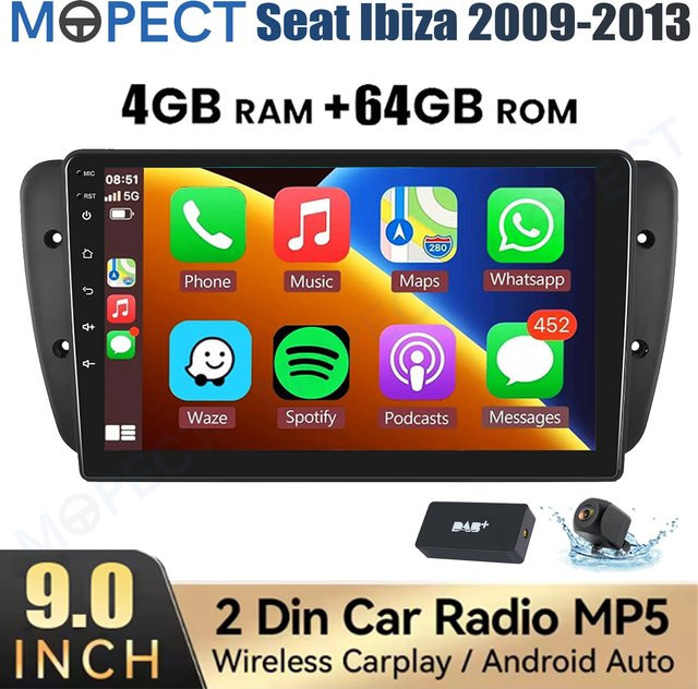 MOPECT 9-Zoll Android 15 Autoradio für Seat Ibiza 6J 2009-2013 mit 4+64G Speicher, CarPlay, GPS, WiFi, Bluetooth, DAB und Rückfahrkamera in Schwarz - Bild 1
