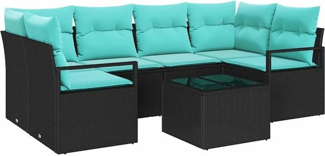 7-teiliges vidaXL Gartenmöbel Set aus Poly-Rattan in Schwarz und Blau mit wetterfesten Polstern und Tisch - Bild 1