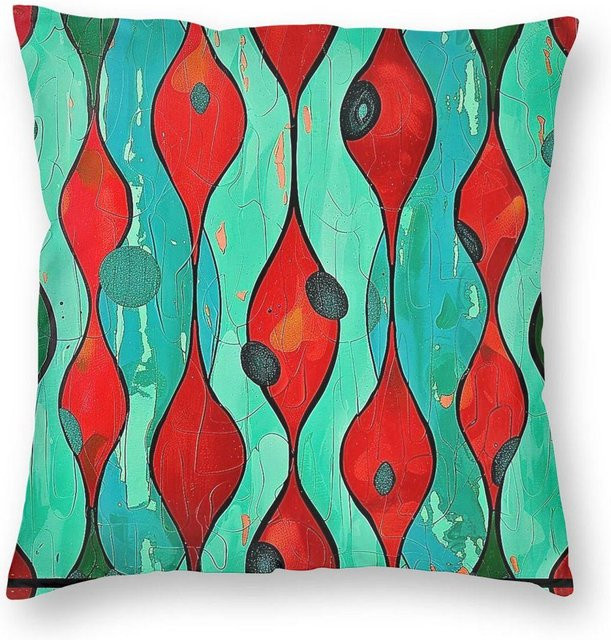 Lu Xika Chen Kissenbezug Retro Vintage in Türkis und Rot, quadratisch aus Polyester-Leinen-Samt mit Reißverschluss, B/T/H: 18 x 18 x 0 cm - Bild 1
