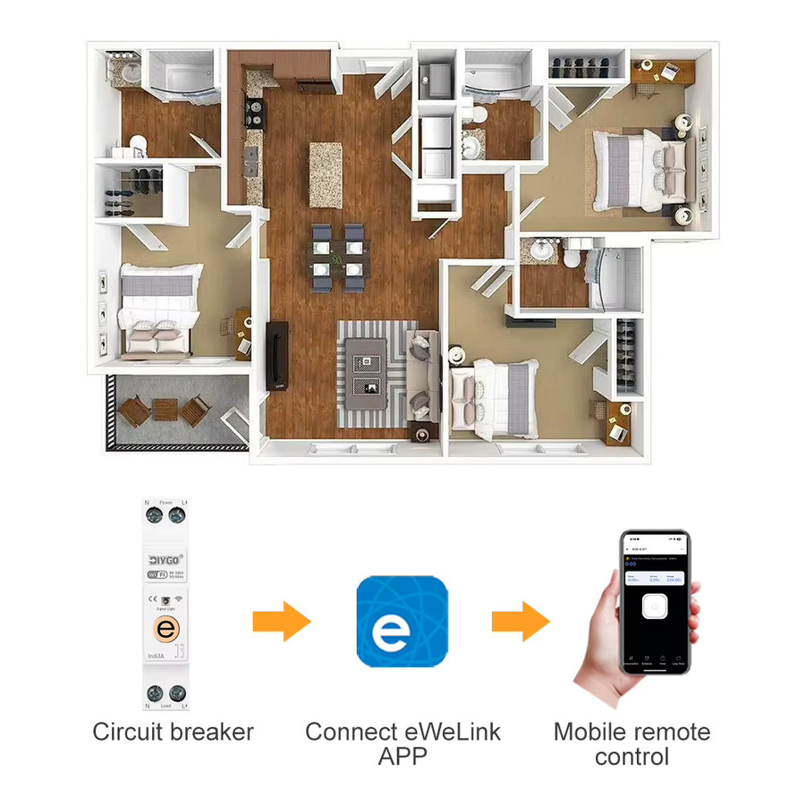 DIY GO WiFi Smart Switch 63A 1P+N Mini Leitungsschutzschalter mit Echtzeit-Überwachung, Sprachsteuerung für Google, Alexa und eWelink, Weiß - Bild 3