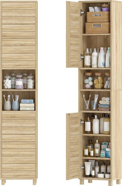 Homcom Badezimmerregal in Beige mit Lamellentüren und offenen Regalfächern, schmaler Badschrank mit verstellbaren Einlegeböden, B/T/H: 34 x 23 x 170 cm - Bild 1