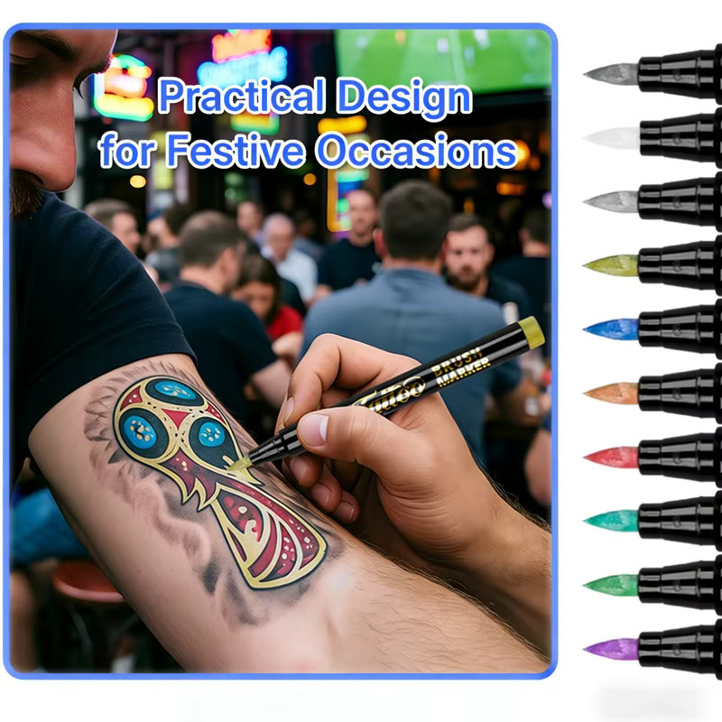 Kissbuty Temporäre Tattoo-Marker in 10 Farben, abwaschbare Brush-Stifte für kreative Kunst und Themenpartys, Multicolour - Bild 2