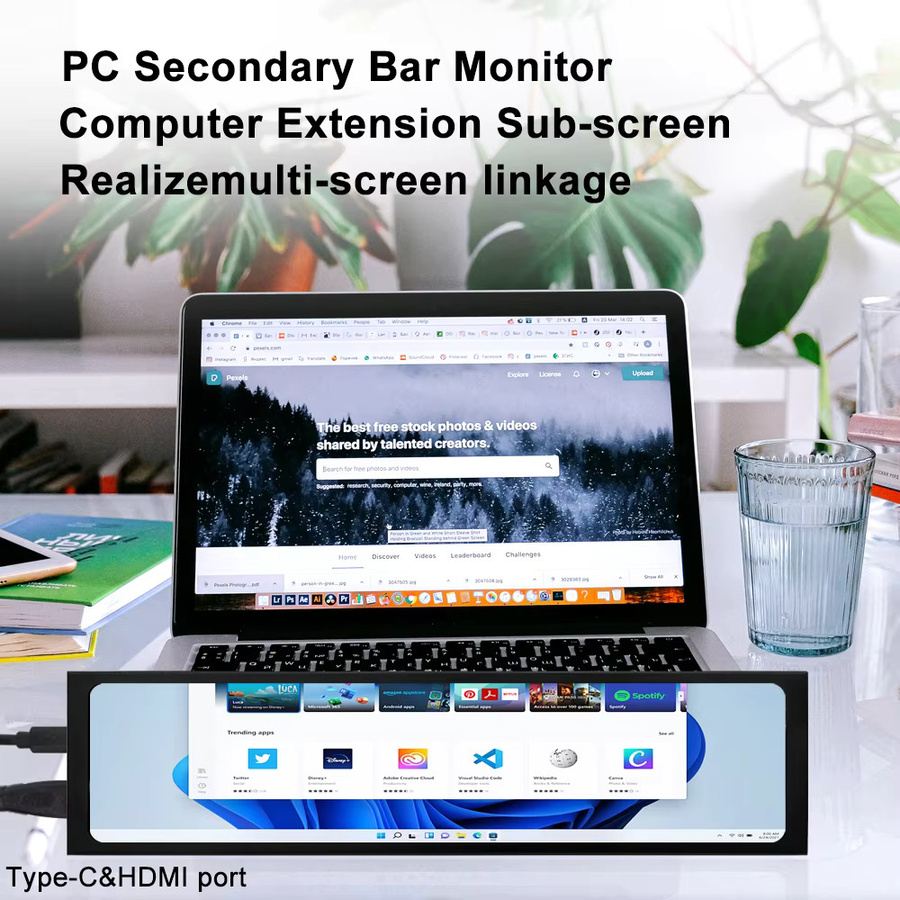 Wisecoco 8,8 Zoll FHD Long Wide Monitor mit Gehäuse, 1920x480 Auflösung, PC Sensor Panel Display zur Temperaturanzeige, Schwarz - Bild 4