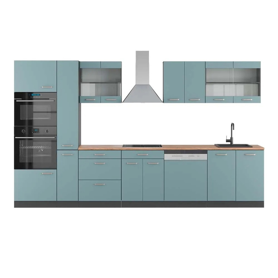 Vicco R-Line Küchenzeile Blau-Grau/Anthrazit mit Hochschrank in Eiche, Breite: 350 cm - Bild 2