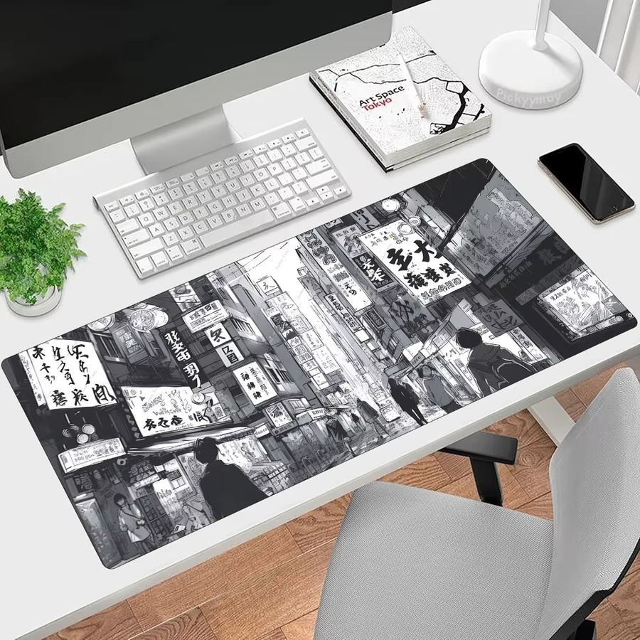 Mairuige Großes Mauspad und Tastaturpad mit Japanischer Anime Schwarz-Weiß Stadtstraßenszene für dein Gamer Setup - Bild 2
