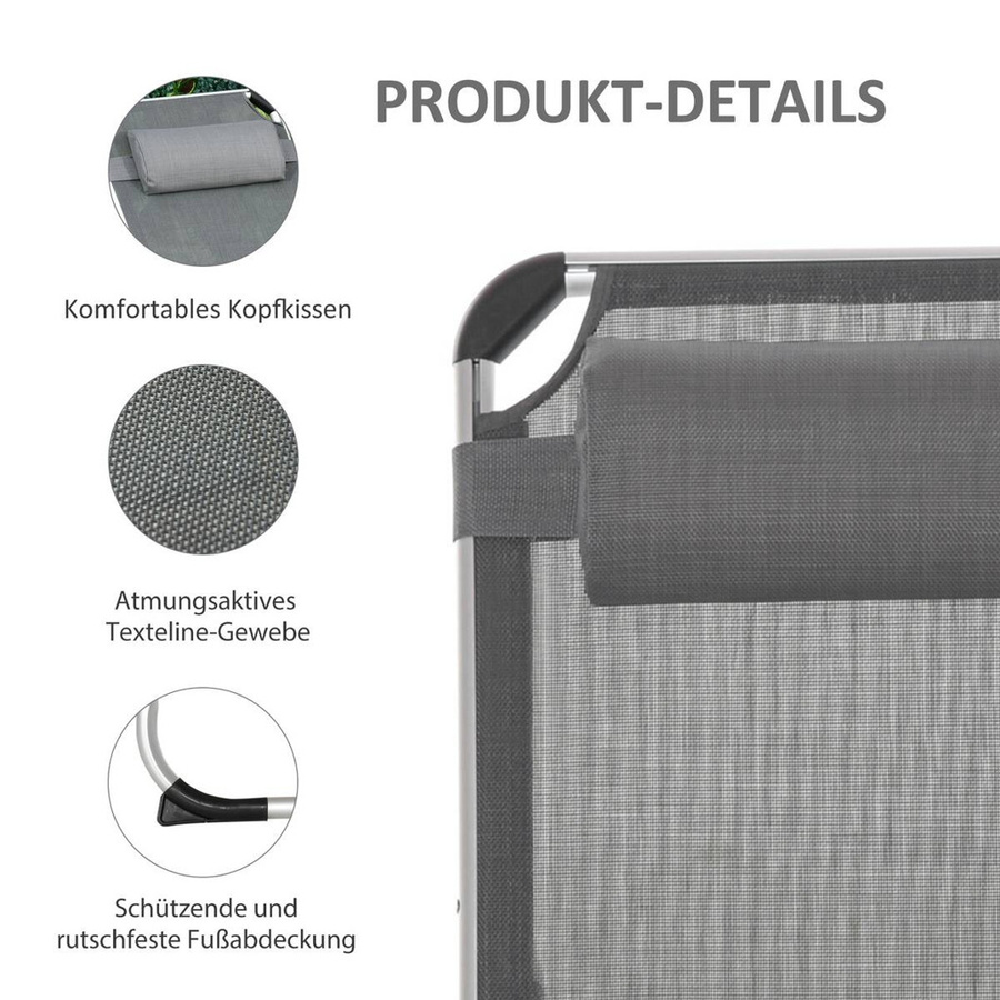Outsunny Gartenliege aus Aluminium in Grau mit verstellbarer Kopfstütze und Textilene-Bezug, B/H/L: 60 x 76 x 165 cm - Bild 2