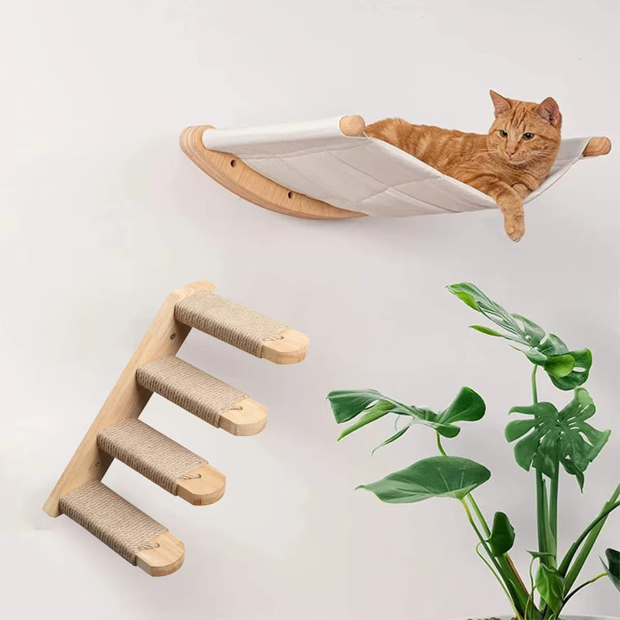 CWV Katzenregal-Set aus Holz für die Wandmontage in Weiß mit Sitzstange, Bett und Schlafhängematte für moderne Katzenmöbel - Bild 2