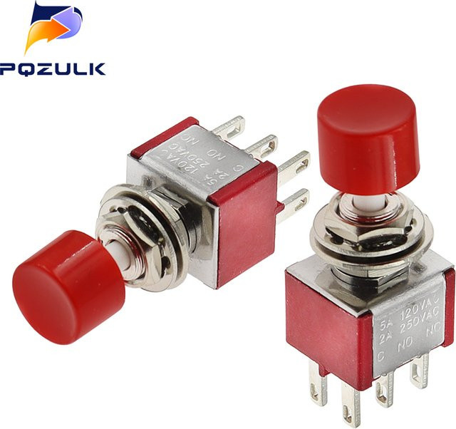 PQZULK PS-202 Mini Drucktaster mit roter Kappe, 6mm 6Pin SPDT DPDT Momentary Schalter, 2A 250VAC 5A 120VAC, Farbe: Rot - Bild 1