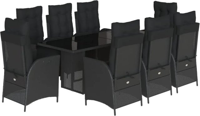 vidaXL 9-teilige Garten-Essgruppe aus schwarzem Poly-Rattan mit Kissen und Hartglas-Tischplatte - Bild 1