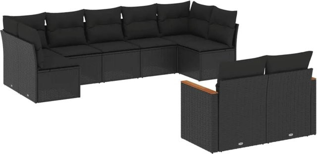 vidaXL 9-tlg. Garten-Sofagarnitur in L-Form aus Poly-Rattan und Akazienholz mit Kissen, Schwarz - Bild 1