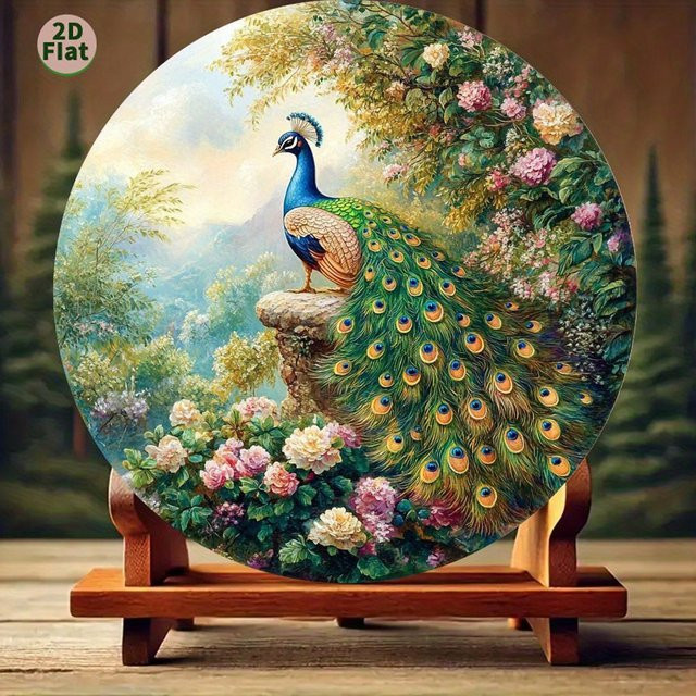 Potdemiel 2D Pfauen-Wandkunst mit Blumen und Blättern, Rund, Blau-Grün, Rosa, Weiß und Grün, Durchmesser: 20 cm - Bild 1
