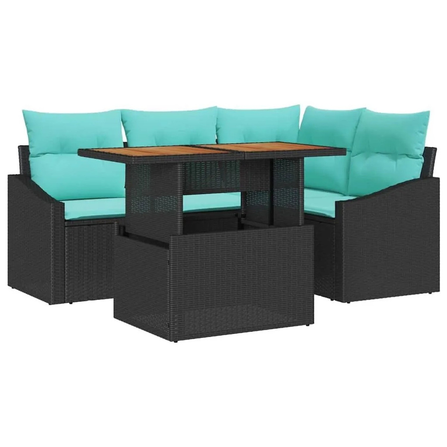 vidaXL Garten Essgruppe aus Poly-Rattan und Akazienholz mit Kissen, 5-teilig, Schwarz und Teal - Bild 2