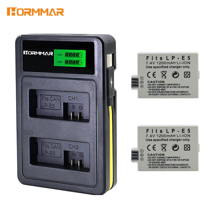 WY Hormmar Dual-Slot LP-E5 Akkuladegerät mit LCD-Bildschirm und USB-C Schnellladung in Schwarz und Grau für Canon 450D 500D 1000D - Bild 3