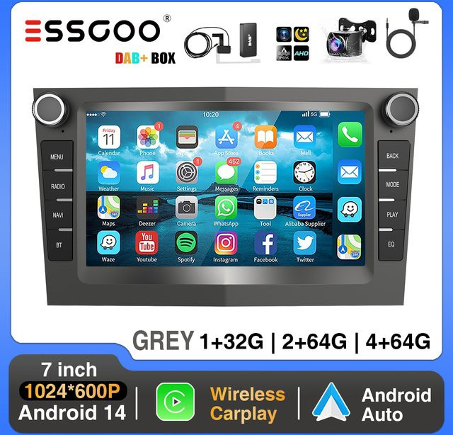 ESSGOO Android 14 Autoradio mit CarPlay, Android Auto, GPS und WiFi für Vauxhall Opel Astra H, Corsa C, D und Vectra Meriva in Grau - Bild 1