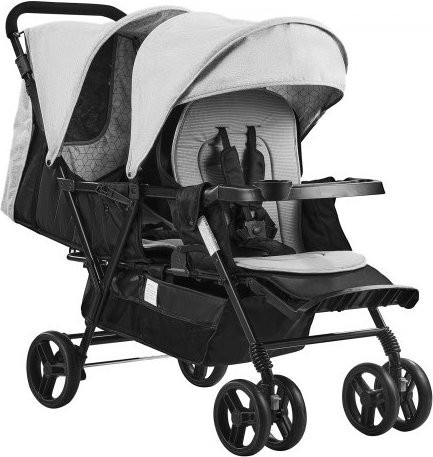 VEVOR Doppelbuggy für Neugeborene und Kleinkinder, faltbarer leichter Zwillingskinderwagen mit Tandem-Sitzplätzen, verstellbarer Rückenlehne und Fußstütze, inklusive Sicherheitsgeschirr, Aufbewahrungskorb und Tablett, Farbe: Hellgrau/Schwarz - Bild 1