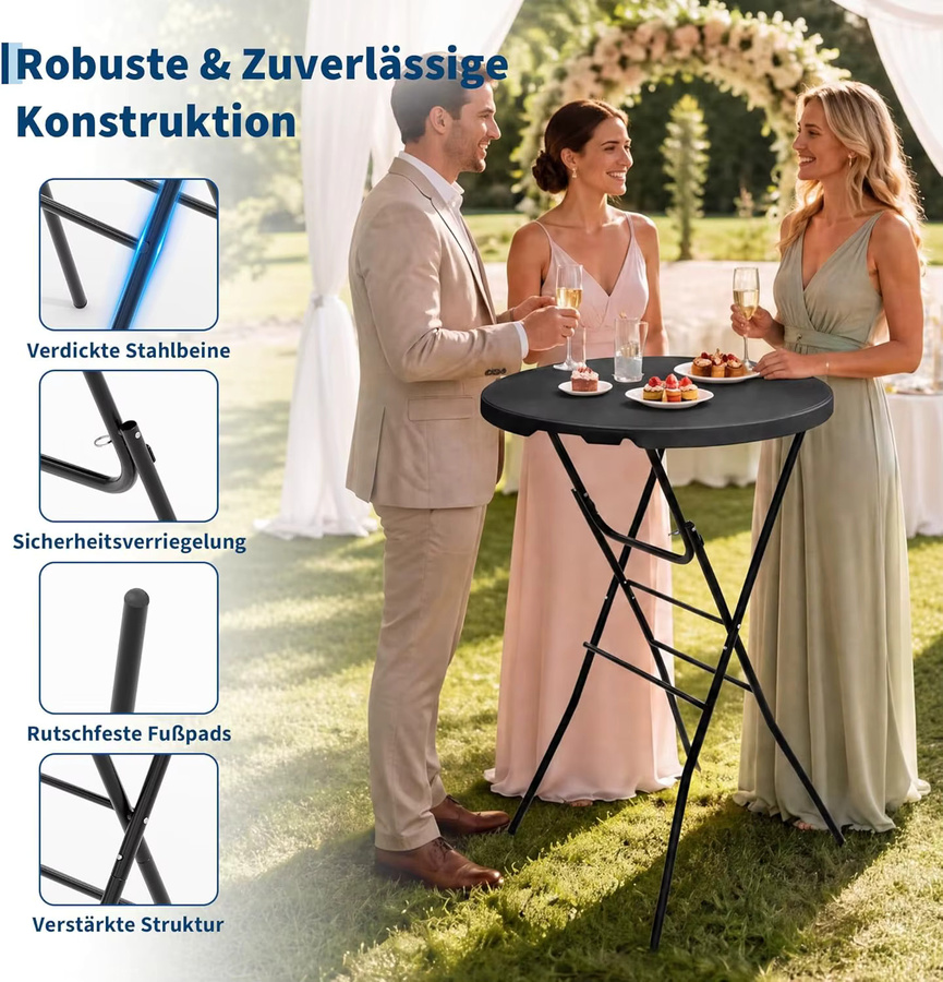 HiMISS Klappbarer Hochtisch rund aus Metall für Garten und Outdoor, Höhe: 110 cm, Durchmesser: 80 cm - Bild 5