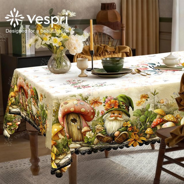 Vespri Florale Pastell-Oster-Tischdecke in Weiß-Gelb mit Gnom-, Pilz- und Blumendruck für runde Tische - Bild 1