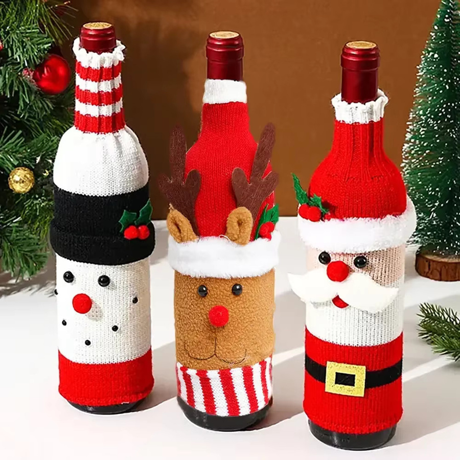10er Set gestrickte Weinflaschen-Abdeckungen mit Santa und Schneemann in Rot für deine Weihnachtsdekoration - Bild 2