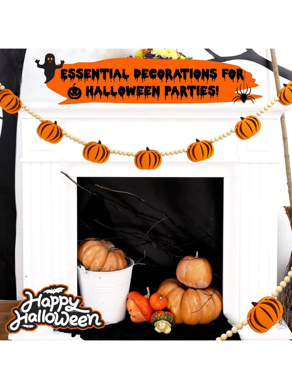 Halloween-Kürbis-Girlande aus Holzperlen und Filz in Orange als herbstliche Wanddekoration für dein Zuhause - Bild 7
