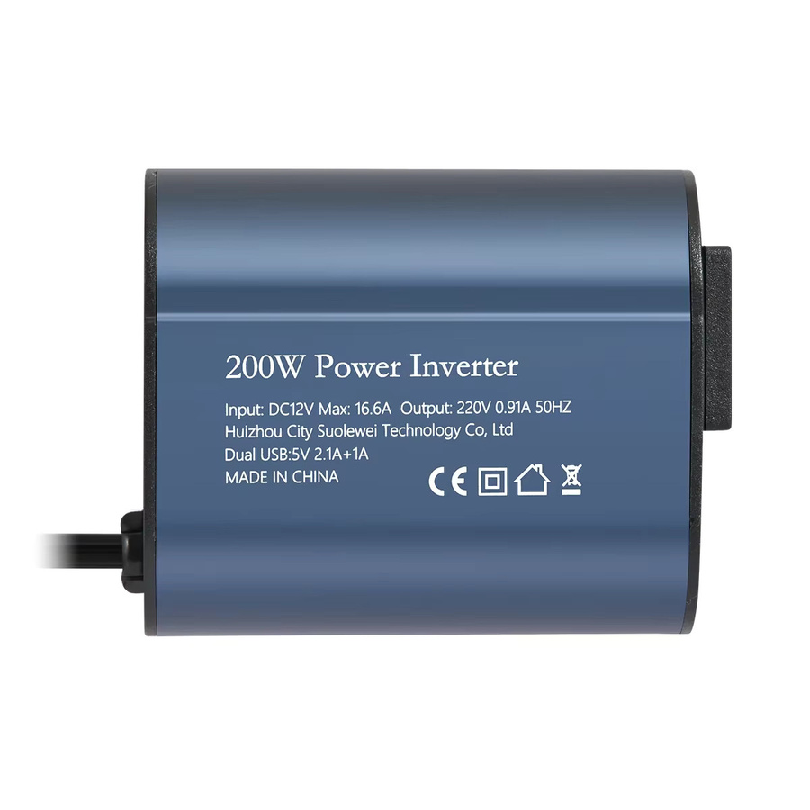 Tragbarer Auto-Wechselrichter Konverter DC 12V zu AC 220V 50Hz mit 200W Leistung und zwei USB-Anschlüssen in Blau - Bild 2