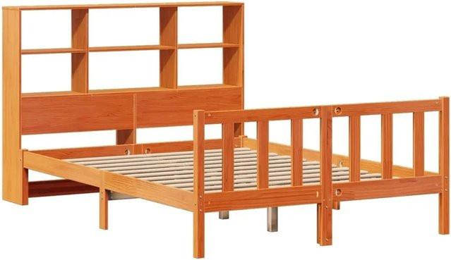 vidaXL Massivholzbett aus Kiefernholz mit Regal in Braun, Rustikaler Stil, B/T/H: 140 x 190 x 141 cm - Bild 1
