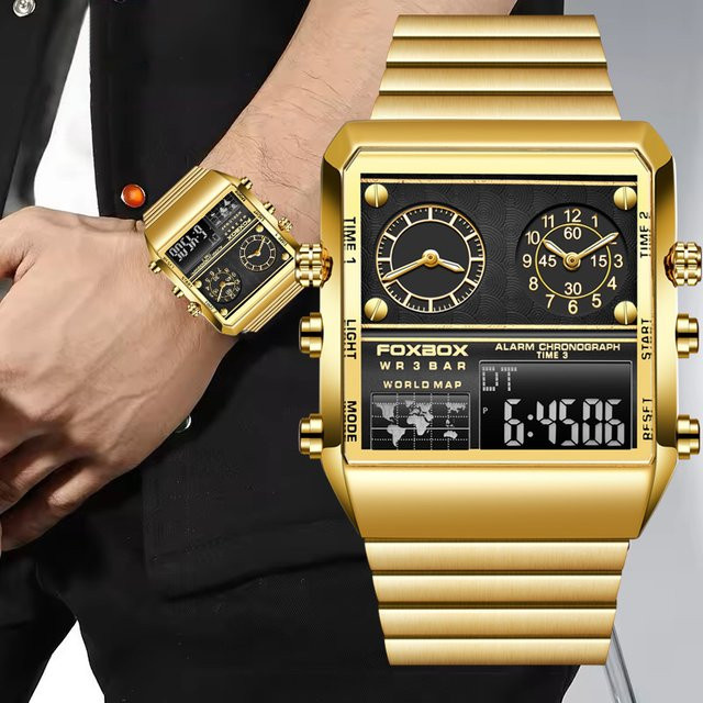 FOXBOX Armbanduhr Edelstahl, Gold, Eckig, Quarz, Herren - Bild 1