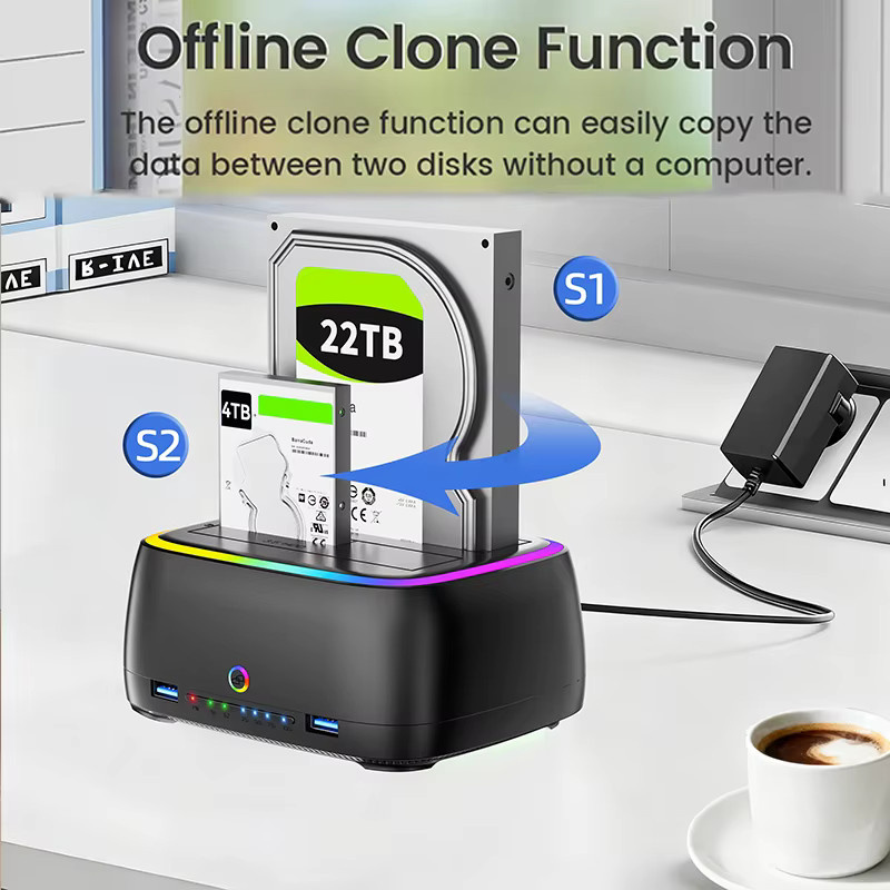 Kebidu Dual-Bay Festplattenstation mit Offline-Klondaten-Funktion, USB 3.0 5 Gbit/s RGB-Adapter für 2,5 und 3,5 Zoll HDD/SSD sowie TF/SD-Karte, Schwarz/Multicolor - Bild 4