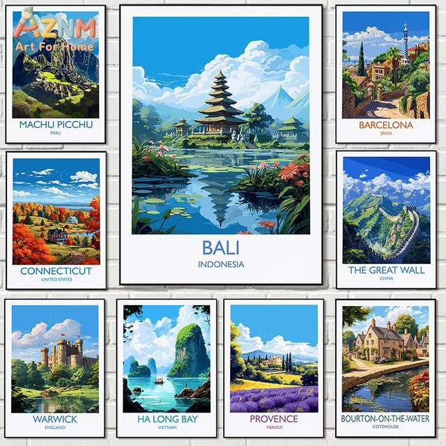 AZNM Reiseplakat-Set mit weltberühmten Sehenswürdigkeiten als rahmenlose Leinwand-Wandkunst im Vintage-Stil, mehrfarbig - Bild 1