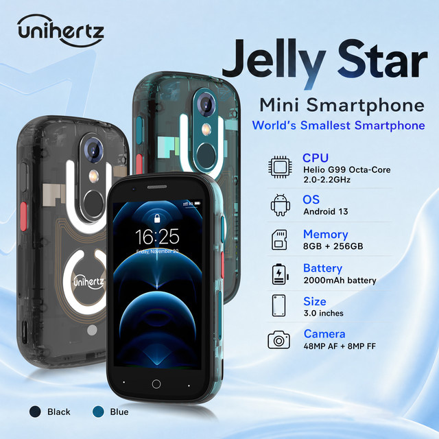 Unihertz Jelly Star Mini-Smartphone mit 256 GB Speicher und 8 GB RAM in Schwarz mit transparenter Rückseite und LED-Licht - Bild 1