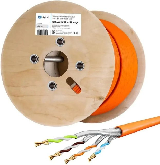 hb-digital Netzwerkkabel CAT 7a Verlegekabel S/FTP AWG23 LSZH Orange, 500m - Bild 1