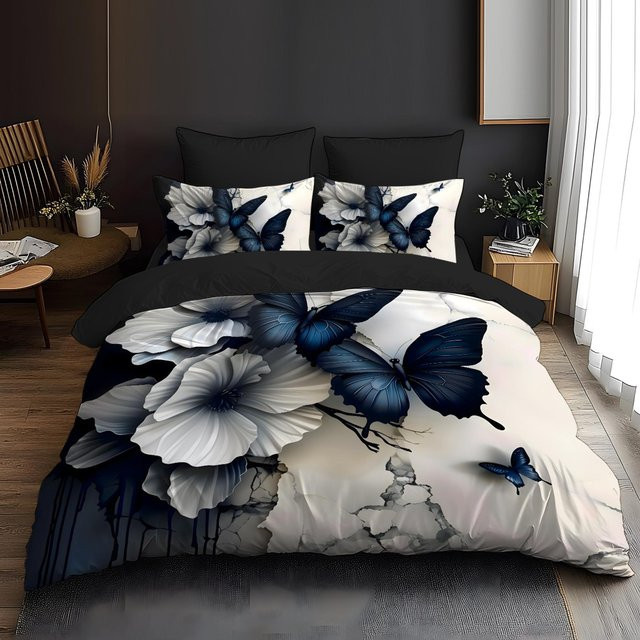 Grosstor Bettwäsche Set mit Schmetterling und floralem Marmor-Design in Blau, bestehend aus Bettbezug und Kissenbezug, B/H: 172 x 218 cm - Bild 1