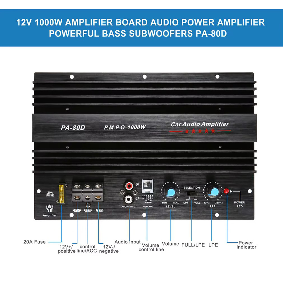 PA-80D Mono Leistungsverstärker 1000W für Auto-Audio 12V in Schwarz - Bild 4