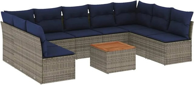 vidaXL 10-tlg. Garten-Sofagarnitur aus Polyrattan in Grau mit Kissen und Stauraum - Bild 1