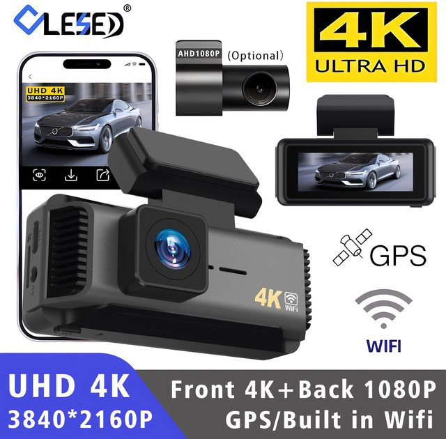 OLESED 4K Dual-Objektiv Dashcam mit 5G WLAN und GPS, Mini Auto-DVR Kamera vorne und hinten in Schwarz mit Nachtsicht - Bild 1
