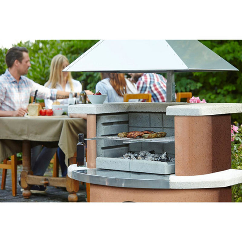 Buschbeck Gartengrillkamin Kampen in Terracotta-Weiß mit höhenverstellbarer Edelstahlhaube und Holzkohlegrill aus verchromtem Stahl - Bild 2
