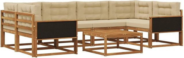 vidaXL Outdoor-Sofagarnitur L-Form aus Akazienholz mit 7 Kissen in Natur und Beige - Bild 1