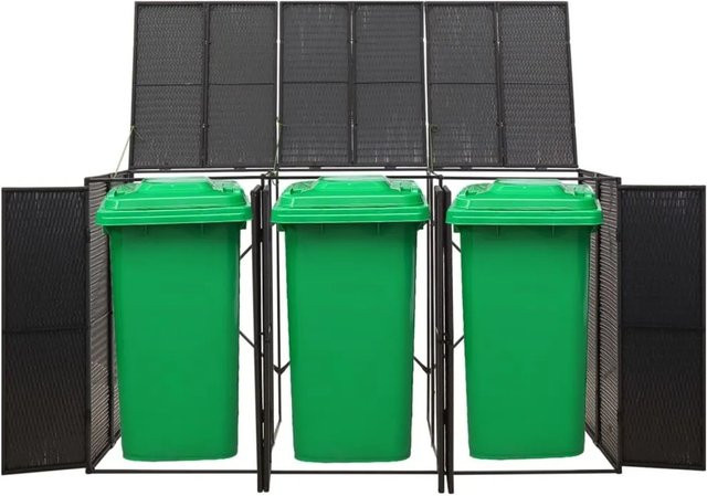 vidaXL Mülltonnenbox für 3 Tonnen aus Poly Rattan und pulverbeschichtetem Stahl, Schwarz, B: 207 cm, T: 80 cm, H: 117 cm - Bild 1