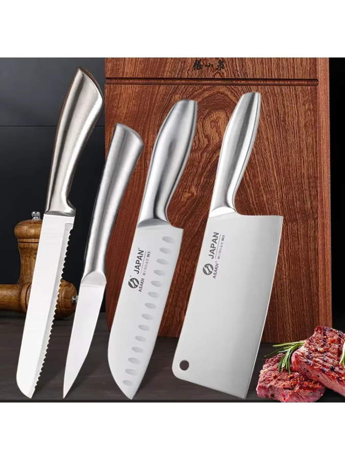 WXCOO Edelstahl Küchenmesser-Set in Silber mit Brotmesser, 7-Zoll-Santoku-Messer, Fleischbeil und Ausbeinmesser - Bild 2