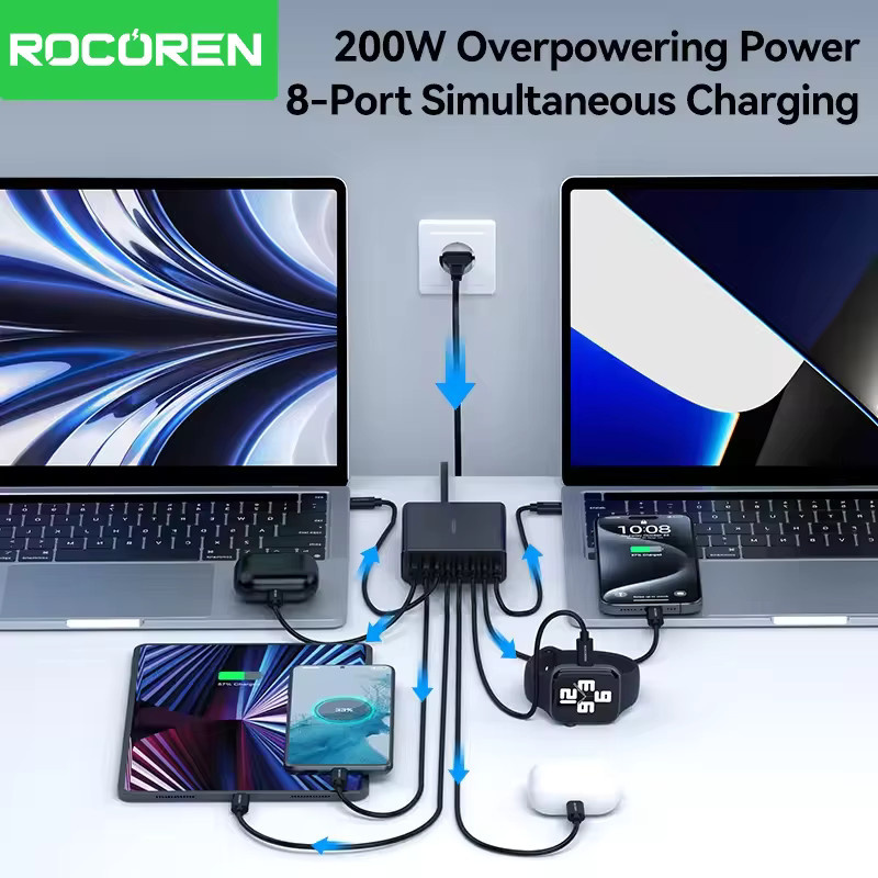 Rocoren 8-in-1 USB-Ladegerät 200W Desktop-Schnellladestation mit USB-C in Schwarz - Bild 5