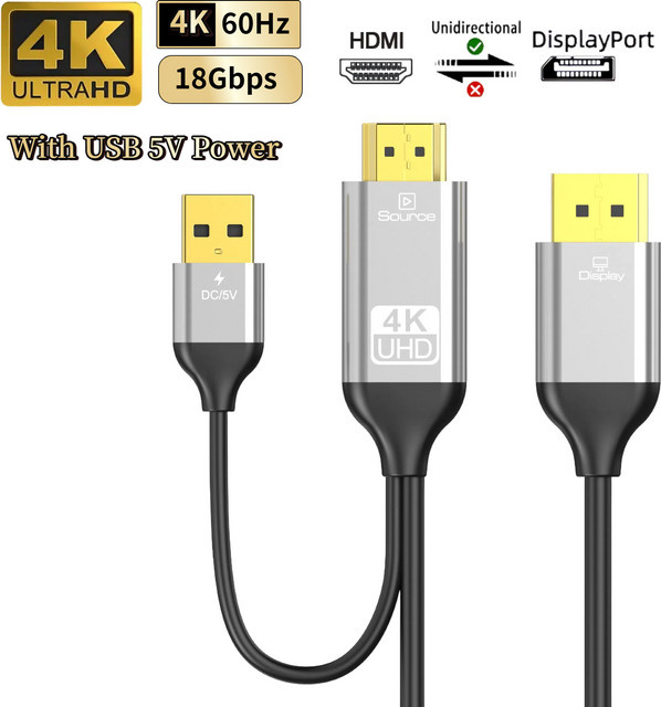 lmcnzz HDMI-zu-DisplayPort Konverterkabel mit 5V Stromversorgung für 4K@60Hz HD Video und Audio, Adapter für Laptop, PC, Spielkonsole und Monitor - Bild 1