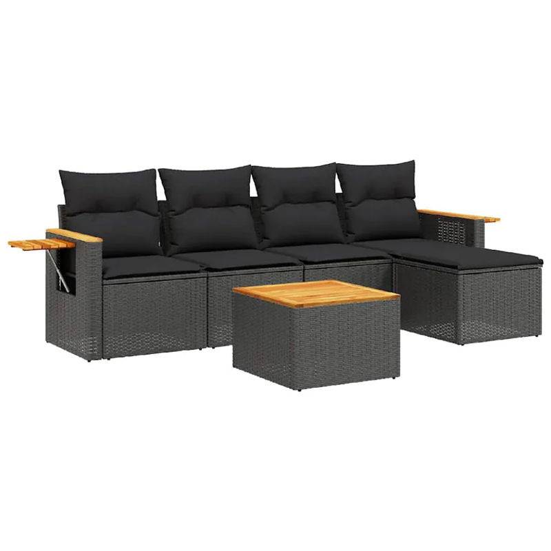 vidaXL 6-teilige Garten-Sofagarnitur in L-Form aus Polyrattan und Akazienholz mit Kissen in Schwarz - Bild 3